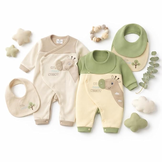 Haboo Emerald & Earthy Cuddle Combo Baby Cotton Romper with Bib, Full Sleeve Soft & Breathable Winter Wear, Comfortable Wear Outfit for Newborns & Babies | Gift Pack For New Born | 0-3 Months