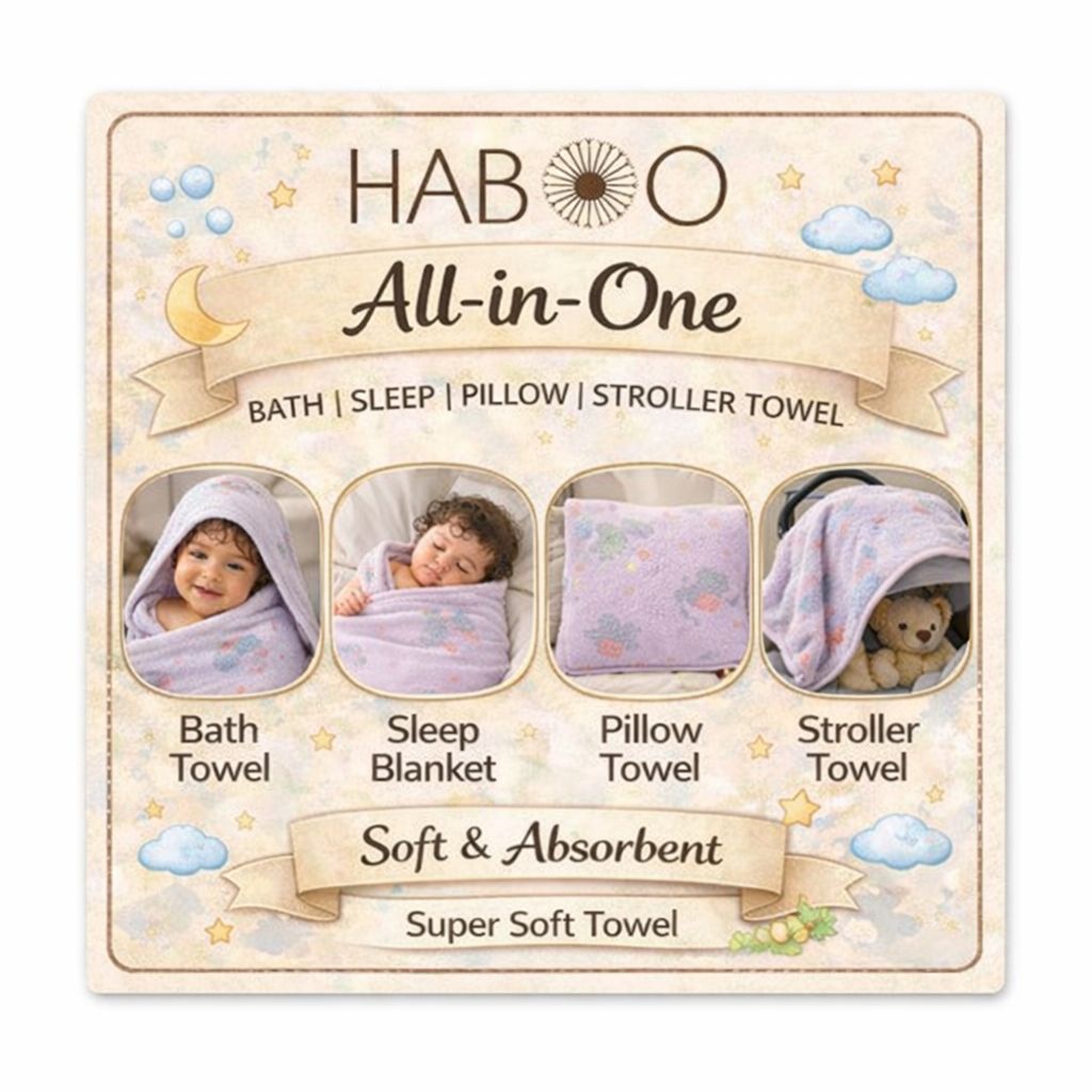 HABOO Premium Soft Lavender Baby Towel (50 × 100 cm) | Ultra Gentle & Super Absorbent | Skin-Friendly Cotton Towel for Newborns, Infants & Toddlers | Cute Pastel Print | Pack of 2