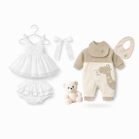 Haboo Combo Pack (0–3 Months) | White Cotton Dress Set with Hairband & Bloomers + Zirrafe Print Cotton Winter Romper with Bib & Teddy