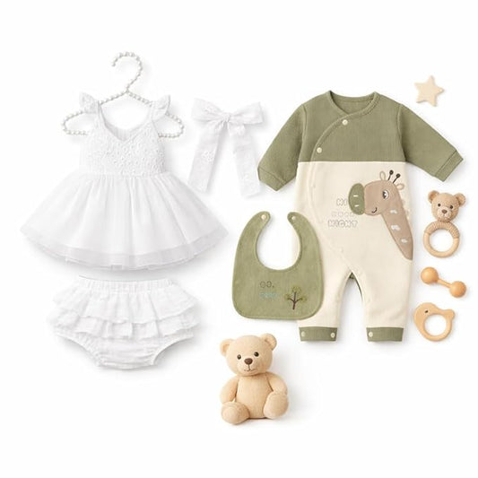 Haboo Combo Pack (0-3 Months) - Emerald Cuddle Giraffe Print Cotton Romper with Bib, Full Sleeve Soft Winter Wear + Regal Elegance White Dress Set with Hairband, Bloomers & Bow | Newborn Gift Set