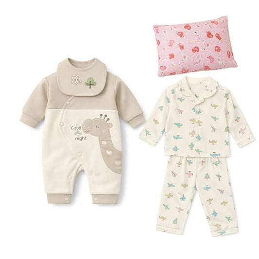 HABOO Baby Combo Pack (0-3 Months) Earthy Cuddle Cotton Romper with Bib & Teddy, Full Sleeve Soft Winter Wear + Midnight Aviator Cotton Printed Shirt & Pajama Set with Pillow | Newborn Gift Set