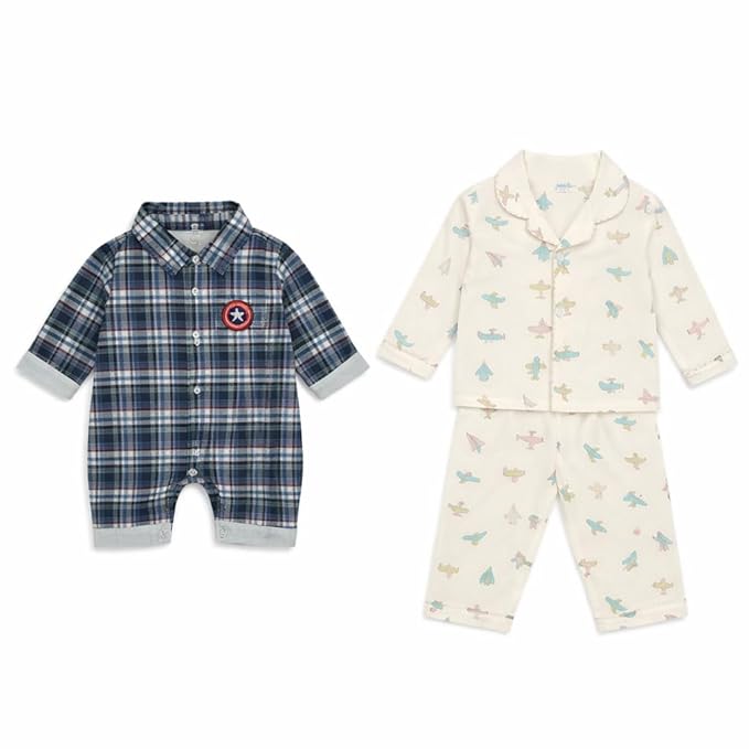 HABOO Baby Combo Pack (0–3 Months) | Baby Boy Checked Cotton Romper with Shoe + Baby Girl Cotton Shirt & Pajama Set with Pillow
