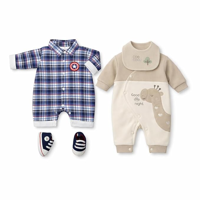 HABOO Baby Combo Pack (0-3 Months) Earthy Cuddle Giraffe Print Cotton Romper with Bib, Full Sleeve Soft Winter Wear + Starlord Royale Checked Cotton Romper with Shoe for Baby Boy | Newborn Gift Set
