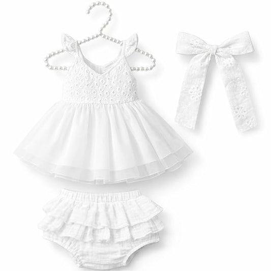 Haboo Regal Elegance Baby Girl White Dress Set with Hairband, Bloomers & Bow | Soft Cotton Newborn & Toddler Occasion Outfit |Gift Pack for New Born | 0-3 Months