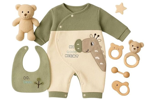 Haboo Emerald Cuddle Giraffe Print Baby Cotton Romper with Bib, Full Sleeve Soft & Breathable Winter Wear, Comfortable Wear Outfit for Newborns & Babies | Gift Pack For New Born | 0-3 Months