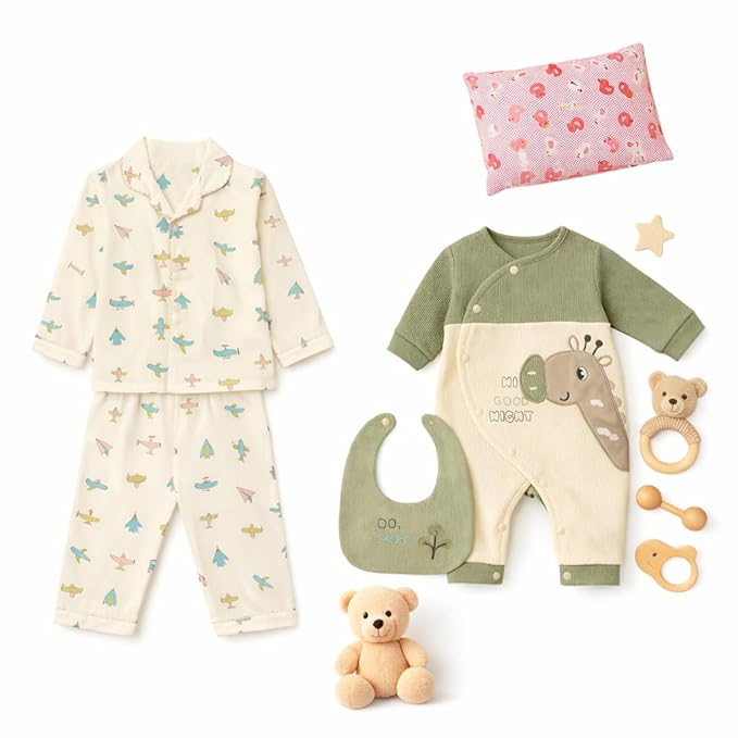 Haboo Unisex Combo Pack (0-3 Months) Emerald Cuddle Giraffe Print Cotton Romper with Bib Full Sleeve Soft Winter Wear + Midnight Aviator Cotton Printed Shirt & Pajama Set with Pillow |Newborn Gift Set