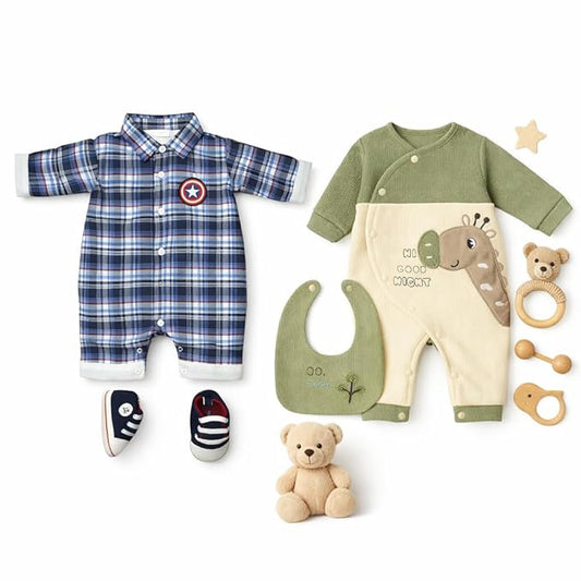 Haboo Baby Combo Pack (0-3 Months) Emerald Cuddle Giraffe Print Cotton Romper with Bib, Full Sleeve Soft Winter Wear + Starlord Royale Checked Cotton Romper with Shoe for Baby Boy | Newborn Gift Set