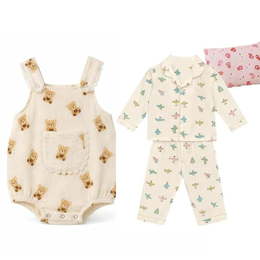 Haboo Baby Girl Combo Pack (0–3 Months) | Honey Bear Cotton Romper with Teddy + Cotton Printed Shirt & Pajama Set with Pillow | Soft Comfortable Newborn Gift Set