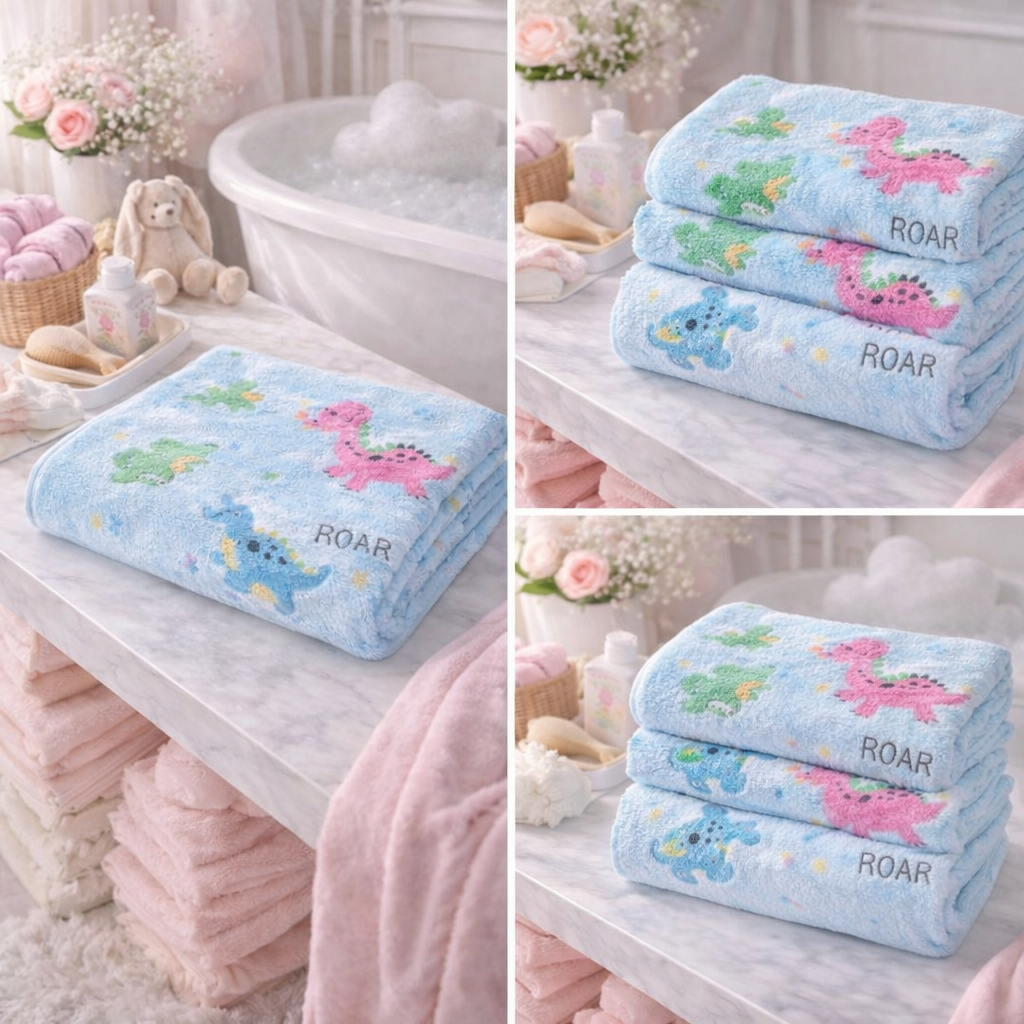 HABOO Premium Soft Blue Baby Towel (50 × 100 cm) | Ultra Gentle & Super Absorbent | Skin-Friendly Cotton Towel for Newborns, Infants & Toddlers | Cute Pastel Print | Pack of 3