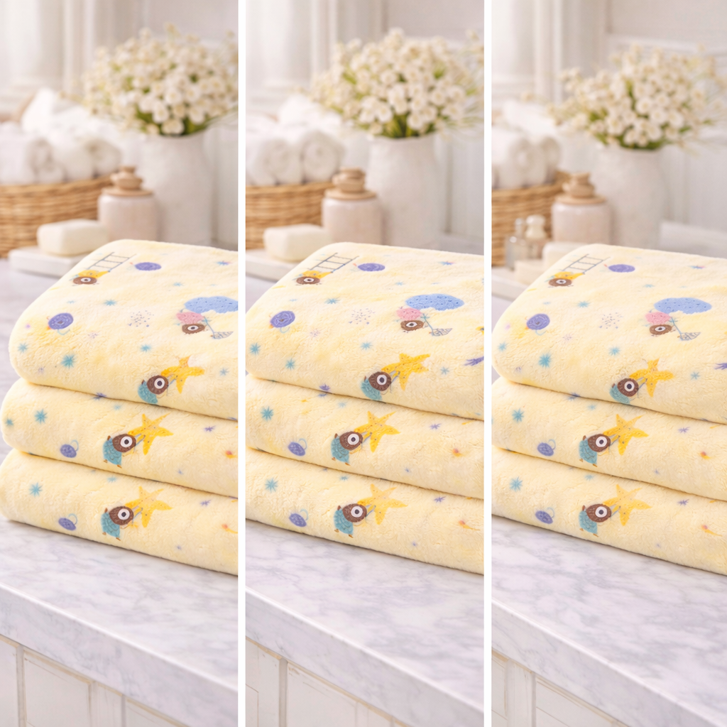HABOO Premium Soft Lemon Baby Towel (50 × 100 cm) | Ultra Gentle & Super Absorbent | Skin-Friendly Cotton Towel for Newborns, Infants & Toddlers | Cute Pastel Print | Pack of 3