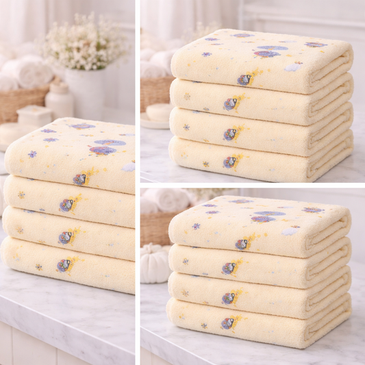 HABOO Premium Soft Lemon Baby Towel (50 × 100 cm) | Ultra Gentle & Super Absorbent | Skin-Friendly Cotton Towel for Newborns, Infants & Toddlers | Cute Pastel Print | Pack of 4