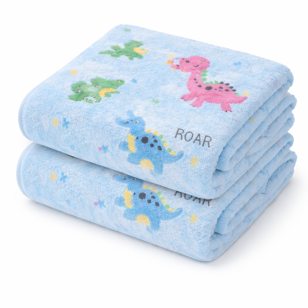 HABOO Premium Soft Blue Baby Towel (50 × 100 cm) | Ultra Gentle & Super Absorbent | Skin-Friendly Cotton Towel for Newborns, Infants & Toddlers | Cute Pastel Print | Pack of 2