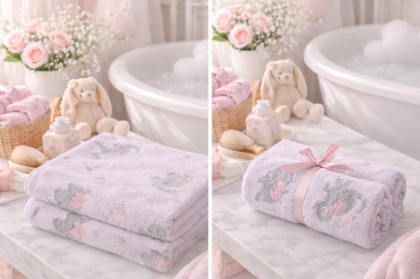 HABOO Premium Pink & Lavender Baby Towel Combo (50 × 100 cm) | Ultra Gentle & Super Absorbent | Skin-Friendly Cotton Towel for Newborns, Infants & Toddlers | Cute Pastel Print