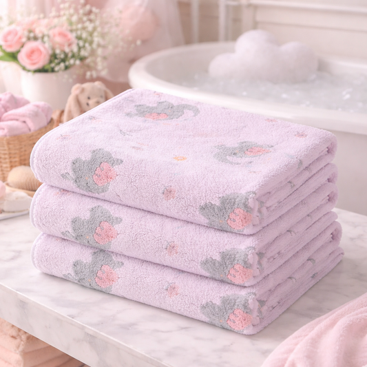 HABOO Premium Soft Lavender Baby Towel (50 × 100 cm) | Ultra Gentle & Super Absorbent | Skin-Friendly Cotton Towel for Newborns, Infants & Toddlers | Cute Pastel Print | Pack of 3