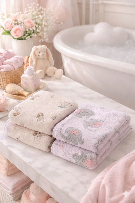HABOO Premium Pink & Lavender Baby Towel Combo (50 × 100 cm) | Ultra Gentle & Super Absorbent | Skin-Friendly Cotton Towel for Newborns, Infants & Toddlers | Cute Pastel Print