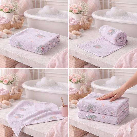 HABOO Premium Soft Lavender Baby Towel (50 × 100 cm) | Ultra Gentle & Super Absorbent | Skin-Friendly Cotton Towel for Newborns, Infants & Toddlers | Cute Pastel Print | Pack of 4