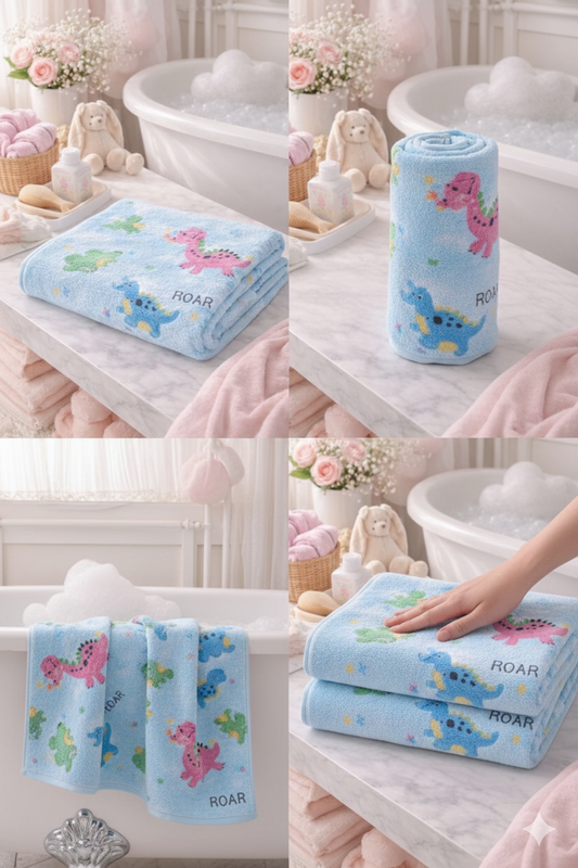 HABOO Premium Soft Blue Baby Towel (50 × 100 cm) | Ultra Gentle & Super Absorbent | Skin-Friendly Cotton Towel for Newborns, Infants & Toddlers | Cute Pastel Print | Pack of 4