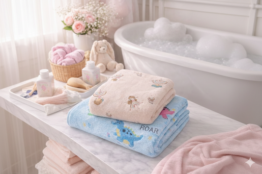 HABOO Premium Blue & Pink Baby Towel Combo (50 × 100 cm) | Ultra Gentle & Super Absorbent | Skin-Friendly Cotton Towel for Newborns, Infants & Toddlers | Cute Pastel Print