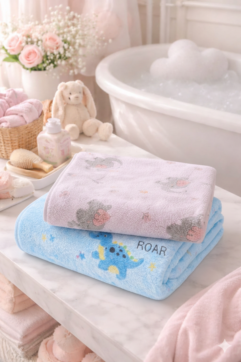 HABOO Premium Lavender & Blue Baby Towel Combo (50 × 100 cm) | Ultra Gentle & Super Absorbent | Skin-Friendly Cotton Towel for Newborns, Infants & Toddlers | Cute Pastel Print