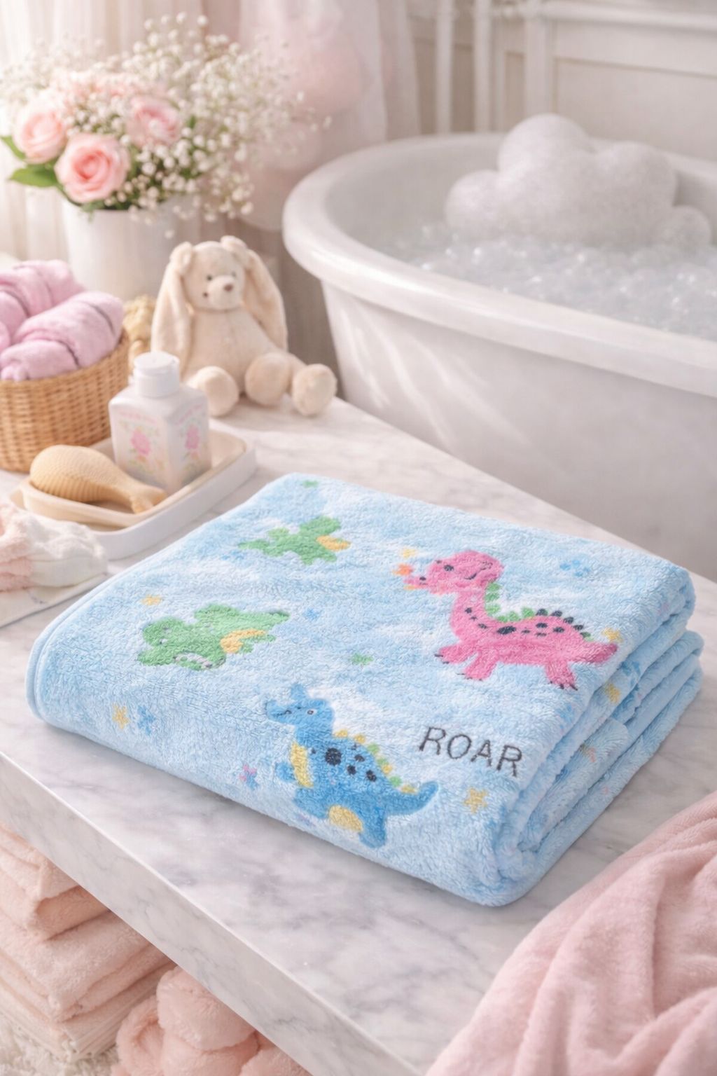 HABOO Premium Soft Blue Baby Towel (50 × 100 cm) | Ultra Gentle & Super Absorbent | Skin-Friendly Cotton Towel for Newborns, Infants & Toddlers | Cute Pastel Print | Pack of 3