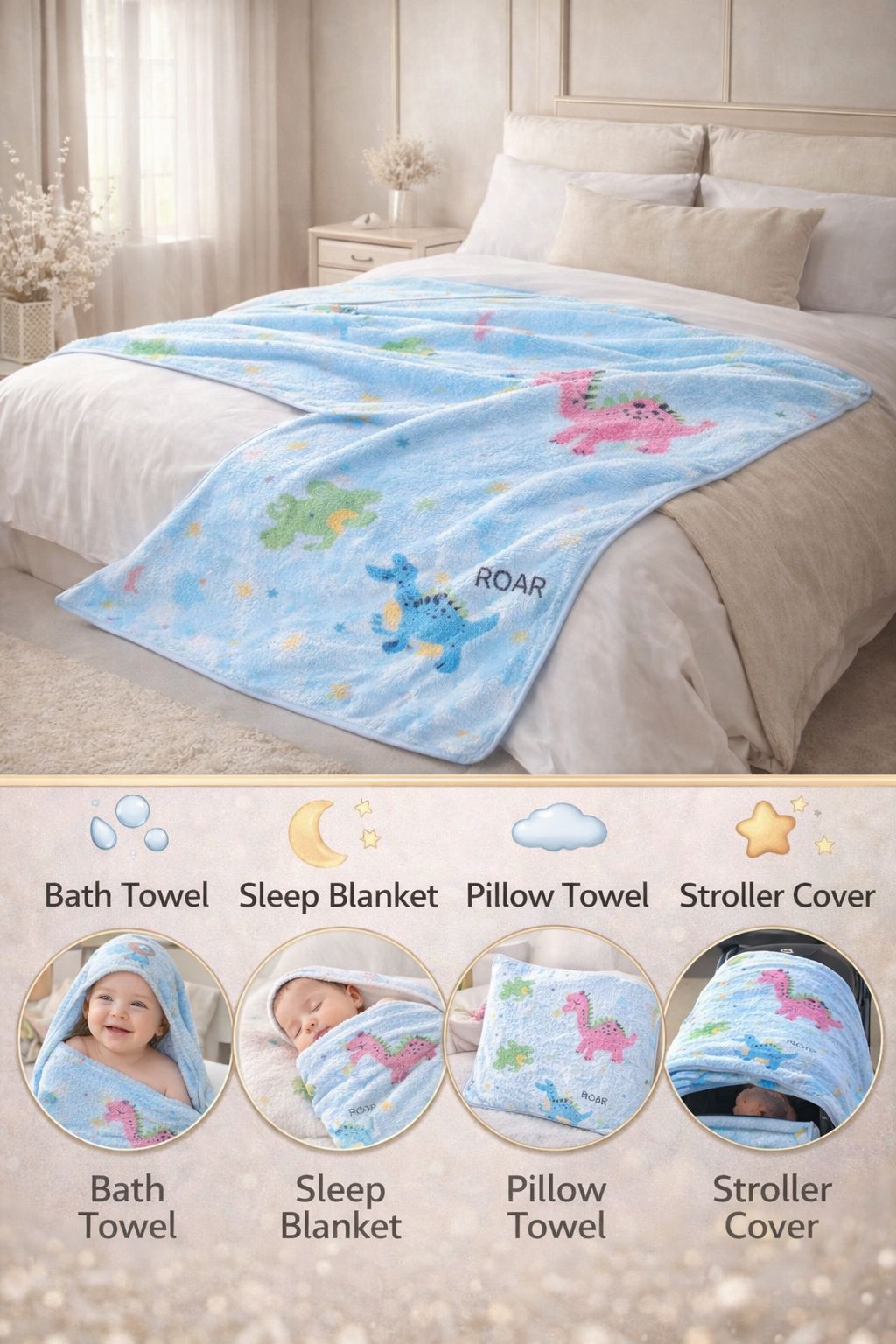 HABOO Premium Soft Blue Baby Towel (50 × 100 cm) | Ultra Gentle & Super Absorbent | Skin-Friendly Cotton Towel for Newborns, Infants & Toddlers | Cute Pastel Print | Pack of 3