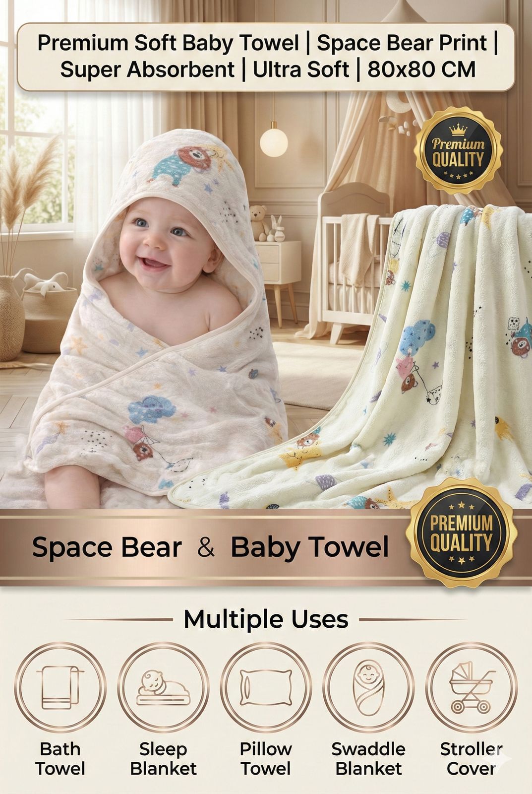 HABOO Premium Soft Lemon Baby Towel (50 × 100 cm) | Ultra Gentle & Super Absorbent | Skin-Friendly Cotton Towel for Newborns, Infants & Toddlers | Cute Pastel Print | Pack of 3