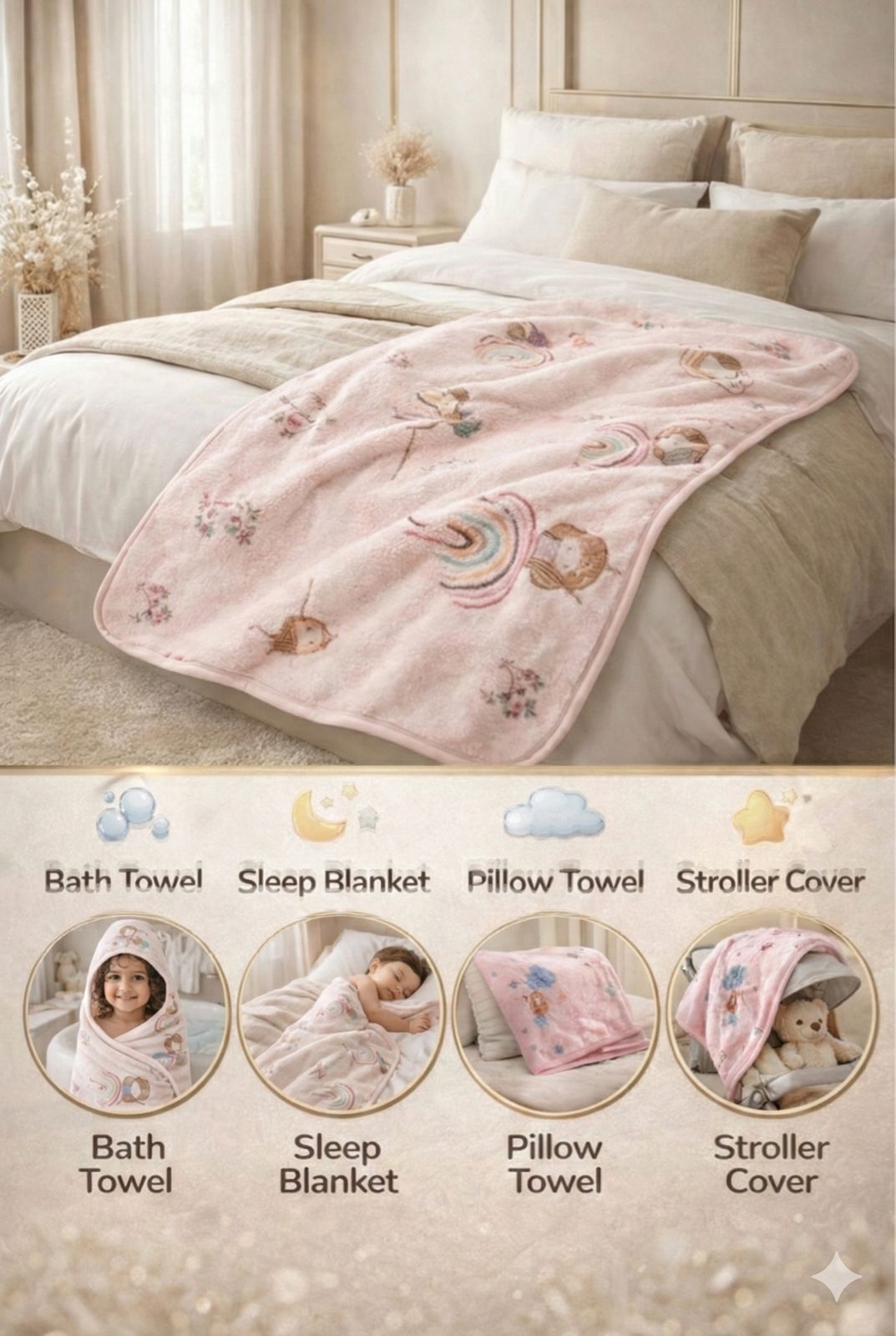 HABOO Premium Pink & Lavender Baby Towel Combo (50 × 100 cm) | Ultra Gentle & Super Absorbent | Skin-Friendly Cotton Towel for Newborns, Infants & Toddlers | Cute Pastel Print