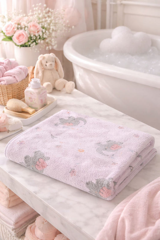 HABOO Premium Soft Lavender Baby Towel (50 × 100 cm) | Ultra Gentle & Super Absorbent | Skin-Friendly Cotton Towel for Newborns, Infants & Toddlers | Cute Pastel Print