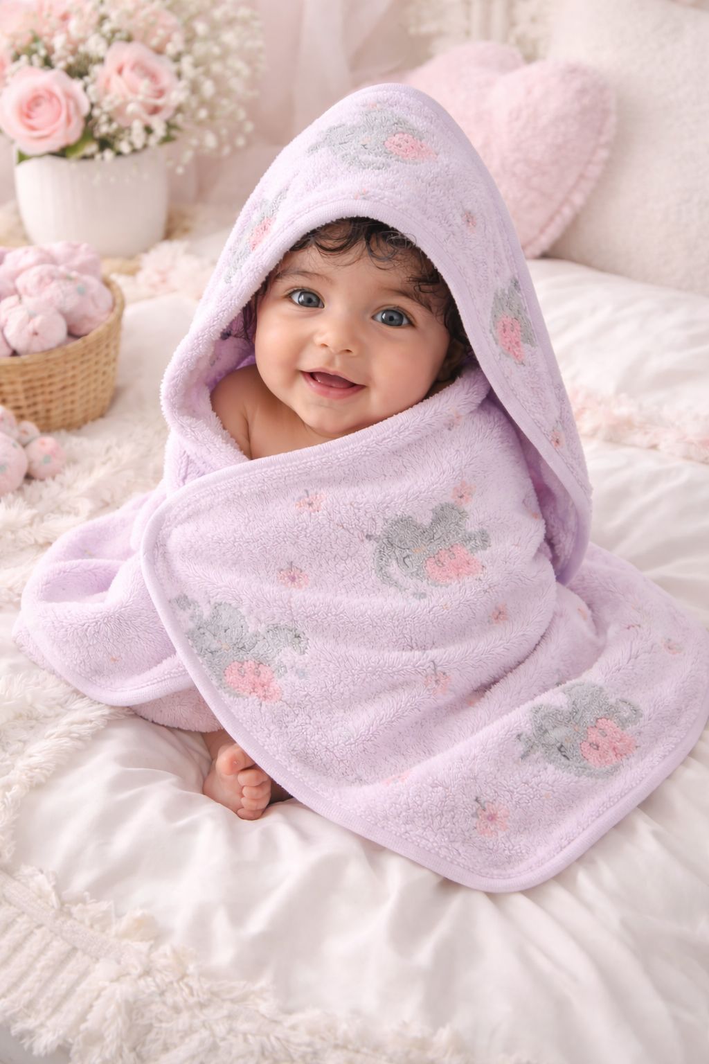 HABOO Premium Soft Lavender Baby Towel (50 × 100 cm) | Ultra Gentle & Super Absorbent | Skin-Friendly Cotton Towel for Newborns, Infants & Toddlers | Cute Pastel Print | Pack of 2