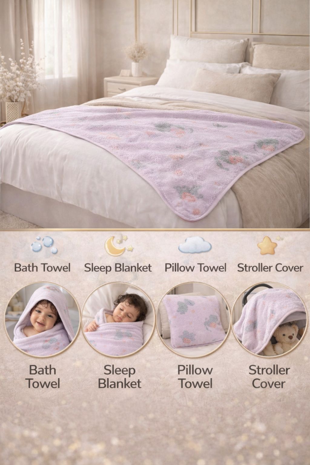 HABOO Premium Pink & Lavender Baby Towel Combo (50 × 100 cm) | Ultra Gentle & Super Absorbent | Skin-Friendly Cotton Towel for Newborns, Infants & Toddlers | Cute Pastel Print