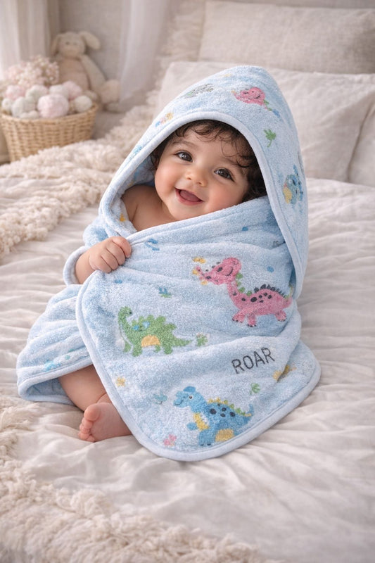 HABOO Premium Soft Blue Baby Towel (50 × 100 cm) | Ultra Gentle & Super Absorbent | Skin-Friendly Cotton Towel for Newborns, Infants & Toddlers | Cute Pastel Print