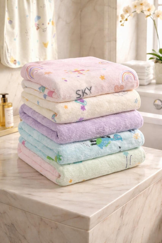 HABOO Premium Soft  Baby Towel (50 × 100 cm) | Ultra Gentle & Super Absorbent | Skin-Friendly Cotton Towel for Newborns, Infants & Toddlers | Cute Pastel Print | Pack of 5