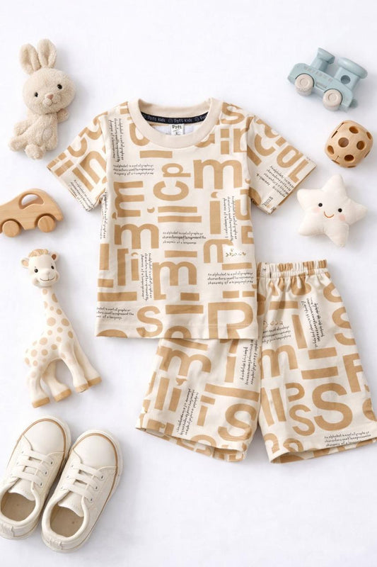 Beige Letter Print Kids Summer Set