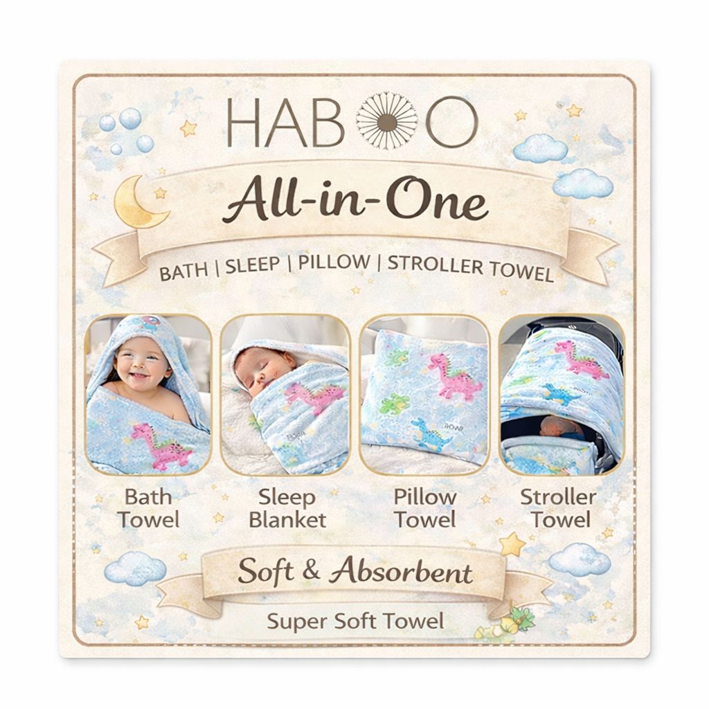 HABOO Premium Soft Blue Baby Towel (50 × 100 cm) | Ultra Gentle & Super Absorbent | Skin-Friendly Cotton Towel for Newborns, Infants & Toddlers | Cute Pastel Print | Pack of 3