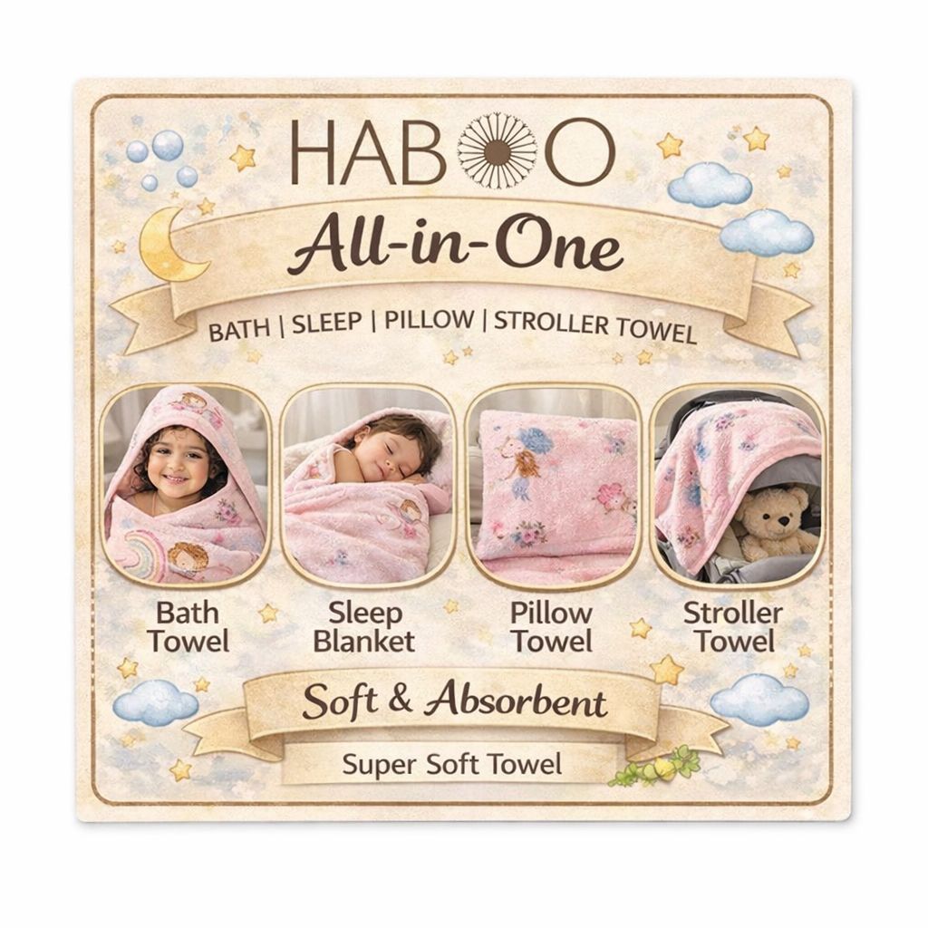 HABOO Premium Pink & Lavender Baby Towel Combo (50 × 100 cm) | Ultra Gentle & Super Absorbent | Skin-Friendly Cotton Towel for Newborns, Infants & Toddlers | Cute Pastel Print